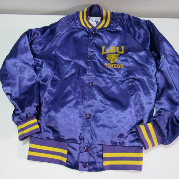 Vtg LSU Chalk line 80 Purple Satin Jacket Louisiana State Made in USA kids 14/16